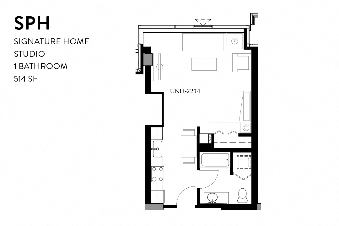 Floor plan for studio, 1 bath, 514 sqft